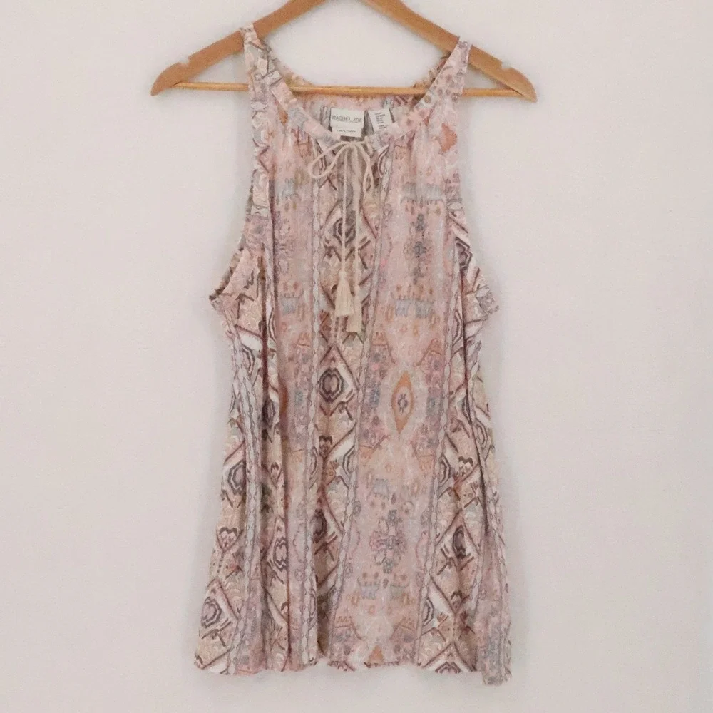 Rachel Zoe Paisley Ikat Linen Tank Top Womens Size M Boho Coastal Tassel Tie - Picture 1 of 8